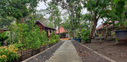 婆羅浮屠的住宿－Anugrah Borobudur 1 & 2，花园中种有树木和建筑的走道