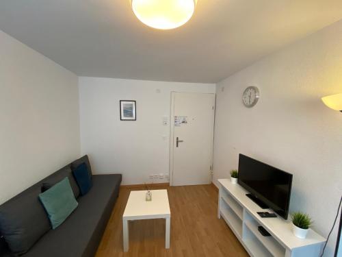 a living room with a couch and a tv at Galaxy Apartments Lucerne in Luzern