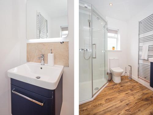 a bathroom with a sink and a shower and a toilet at Squirrel Cottage in Stranraer