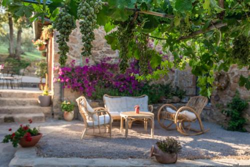 a patio with a table and chairs and purple flowers at Agriturismo Schiaccia Ghiande in Massa Marittima