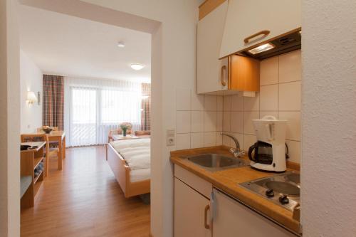 Il comprend une cuisine avec un évier et un salon. dans l'établissement Rustikales Apartment 35qm mit Balkon Nähe Freiburg, à Simonswald