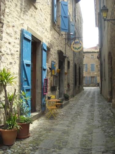 an alley with blue shutters and potted plants on a building at Chez Shona in Lagrasse