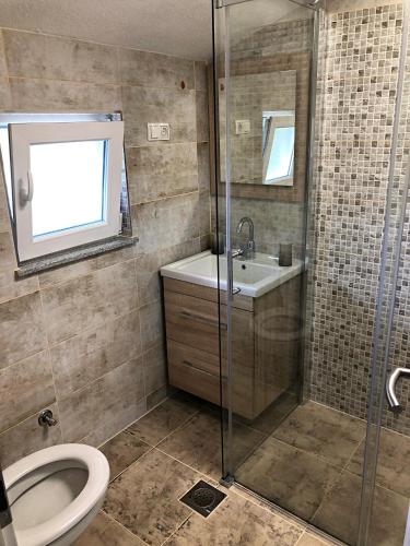 a bathroom with a shower and a toilet and a sink at Studio apartman Firdaus-Bihać, Dobrenica bb in Bihać