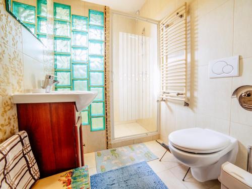 a bathroom with a toilet and a sink and a shower at Gospodarstwo Agroturystyczne Rowerowa Przystań "Jankesówka" in Lidzbark Warmiński