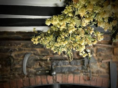 a bunch of flowers hanging over a fireplace at The White Horse Inn, Clun in Clun