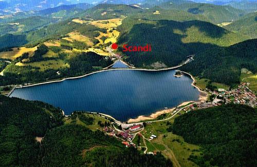 an aerial view of a lake with the word send at Cottage Scandi Dedinky in Dedinky