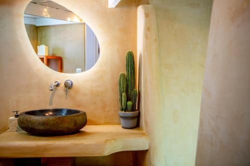 a bathroom with a sink with a cactus and a mirror at The Roof-Top in Megalochori