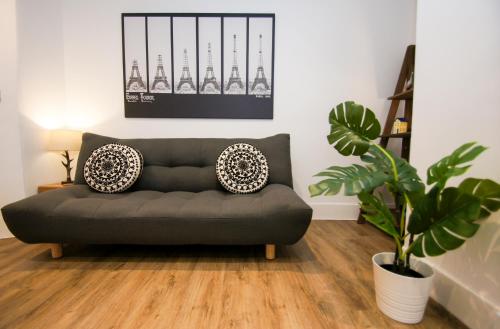 ein Wohnzimmer mit einem Sofa und einer Pflanze in der Unterkunft Montpelier Apartment - Central - by Brighton Holiday Lets in Brighton & Hove