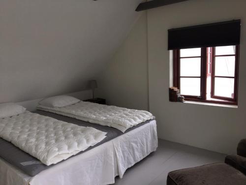 a bedroom with two beds and a window at Annagården Österlen in Kivik