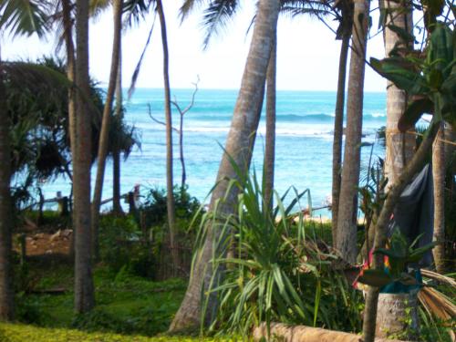 a view of the ocean from a beach with palm trees at SunRay Rest - Beach View Homestay in Mirissa