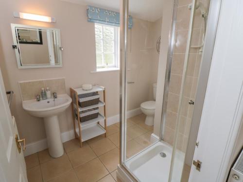 a bathroom with a shower and a sink and a toilet at Westonby Lodge in Whitby