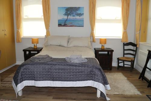 um quarto com uma cama e duas janelas em The Holt em Llangollen