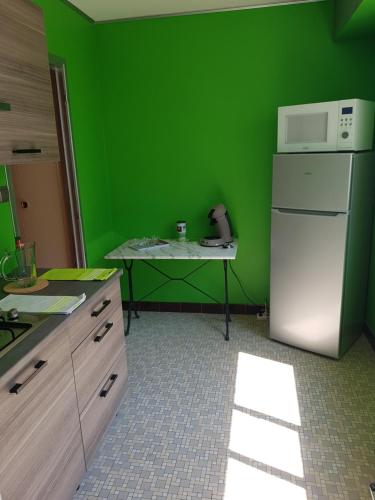 - une cuisine verte avec un réfrigérateur blanc et une table dans l'établissement l'Horizon - F2 - 1er étage, à Épinal