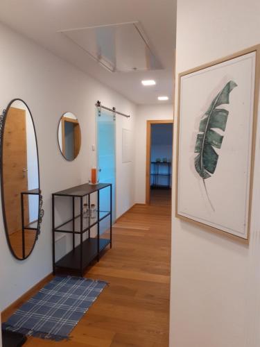 un couloir avec un miroir mural et une étagère dans l'établissement Haus Gertrude Hörack, à Sankt Wolfgang im Salzkammergut