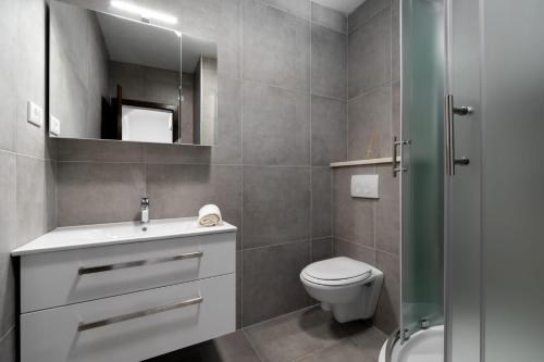 a bathroom with a toilet and a sink and a mirror at MALOA One bedroom apartment in Smokvica