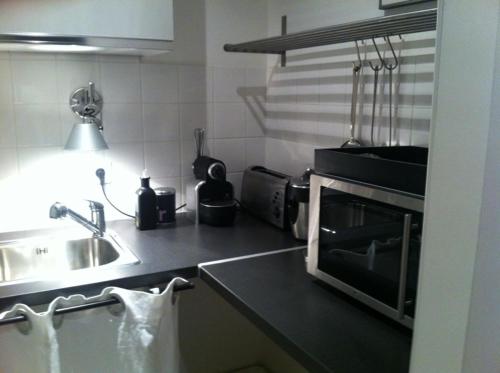 a kitchen with a sink and a microwave at Appartement Gare Lille Europe in Lille
