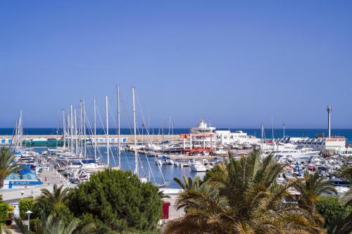 a bunch of boats docked in a marina at Les Deux Rives in Hammamet Sud