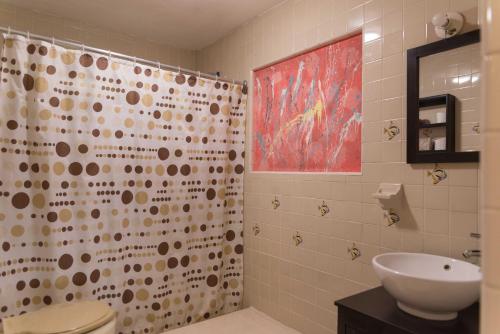 a bathroom with a sink and a shower curtain at Amigos Hotelito in Bacalar