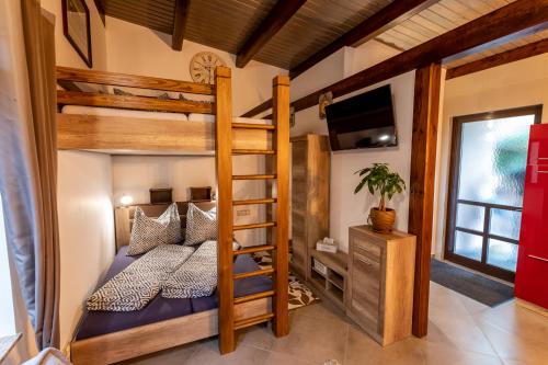 ein Schlafzimmer mit Etagenbetten in einem Haus in der Unterkunft Apartmán POD HRADEM - Vranovská přehrada, Bítov-Horka in Bítov