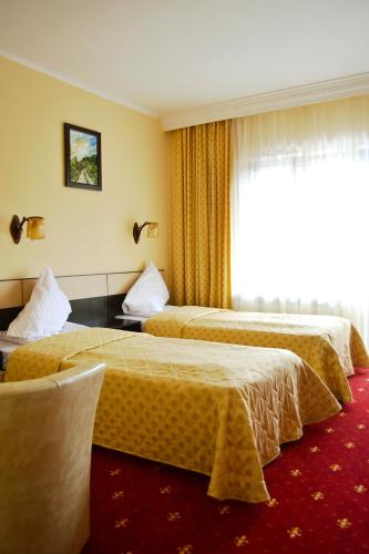 a hotel room with two beds and a window at Pensiunea Skiland in Muntele Băişorii