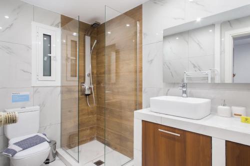 W łazience znajduje się toaleta, umywalka i prysznic. w obiekcie LOMVARDOU-Stylish Flat next to Ampelokipi Metro St w Atenach