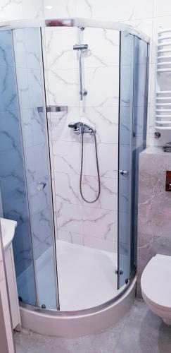 a bathroom with a shower with a glass door at Willa-Restauracja Victoria in Ostrowiec Świętokrzyski