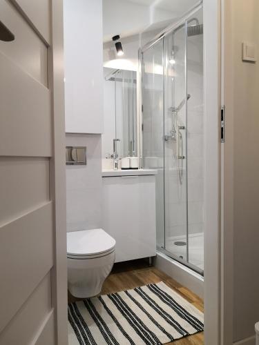 a white bathroom with a toilet and a shower at Apartament przy Starówce in Sandomierz