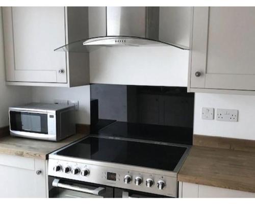 cocina con fogones y microondas en Iffley Town House en Oxford