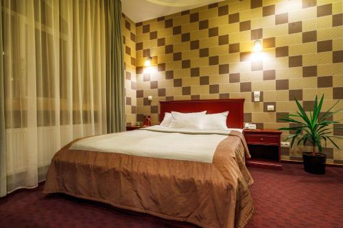 una habitación de hotel con una cama y una planta en Victoria Hotel en Járkov