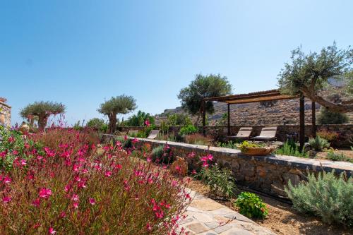 a garden with pink flowers and a stone wall at Yiannis Retreat in Káto Zákros