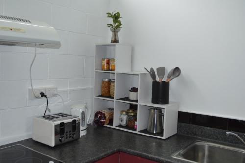a kitchen counter with a sink and a shelf with spices at Poplar Creek in Matamata