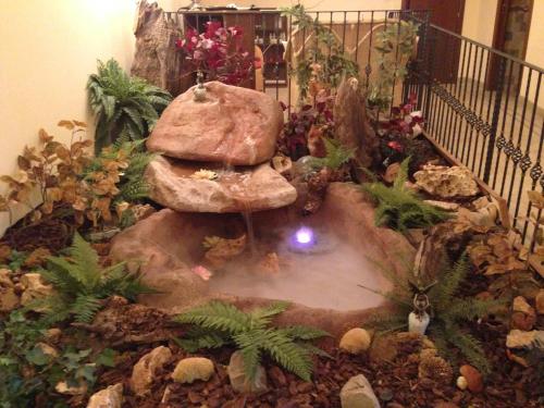 a garden with a large rock and plants and a fountain at Hotel I Pionieri in Abetone