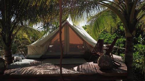 a tent with a hammock between two palm trees at Glamp Ikal Tulum in Tulum