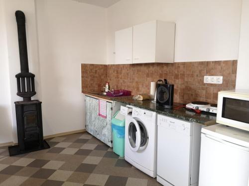 uma cozinha com uma máquina de lavar e secar roupa e um fogão em Vendégház Kalocsa em Kalocsa