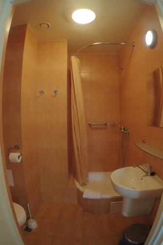 a bathroom with a sink and a shower and a toilet at Nawojka Hotele Studenckie in Kraków