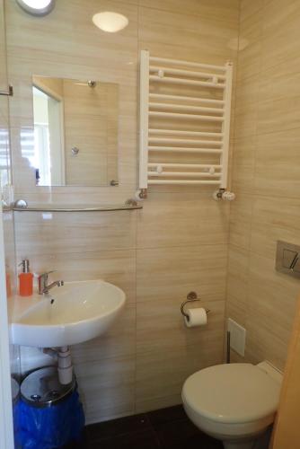 W łazience znajduje się umywalka, toaleta i lustro. w obiekcie Nawojka Hotele Studenckie w Krakowie