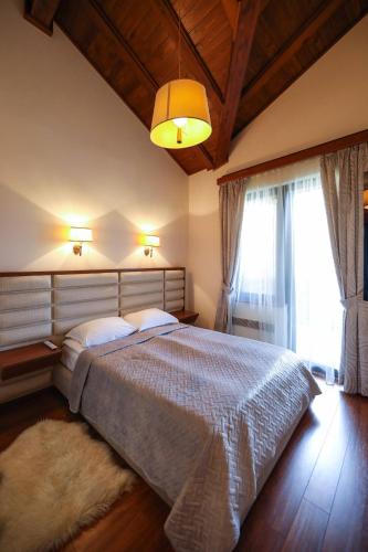 a bedroom with a large bed and a large window at Lake View House in Bansko