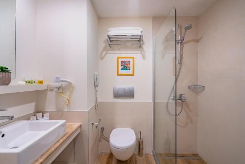 a bathroom with a shower and a toilet and a sink at TUl BLUE Xanthe - Ultra All Inclusive in Side