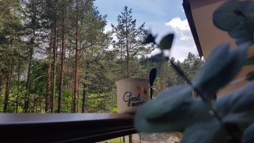 a coffee cup on a window with a view of trees at Lux apartman Zlatibor S14 - vila Peković in Zlatibor