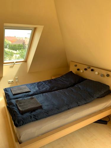 a bed in a small room with a window at Robinson szigete in Balatonfüred