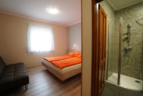1 dormitorio con 1 cama y ducha acristalada en Tavi Panzió, en Dunapataj