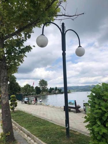a street light next to a body of water at Eren Villa in Sapanca