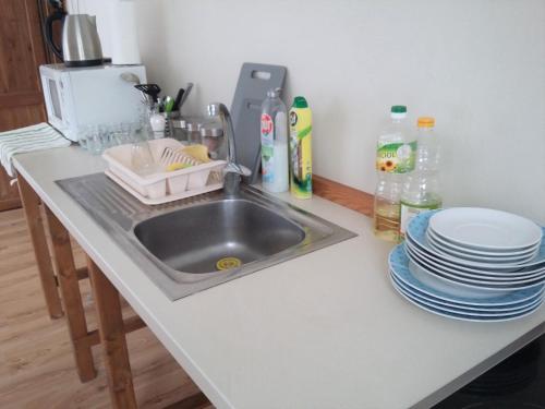 a kitchen counter with a sink and plates on it at Penzion Smrekovica in Ružomberok