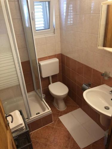a bathroom with a toilet and a shower and a sink at Villa Bosac in Gradac