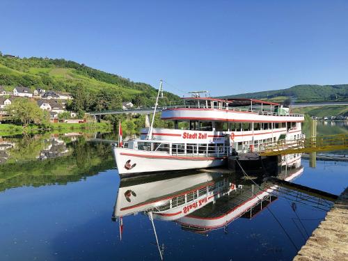 a large boat is docked in a river at Ferienhaus Moselpromenade in Zell an der Mosel