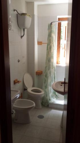 La salle de bains est pourvue de toilettes, d'un lavabo et d'un rideau de douche. dans l'établissement Camigliatello Mom&Son, à Camigliatello Silano