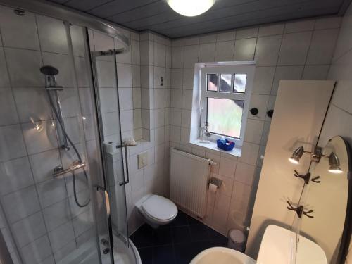 een badkamer met een douche, een toilet en een wastafel bij Steuerbord in Neuharlingersiel