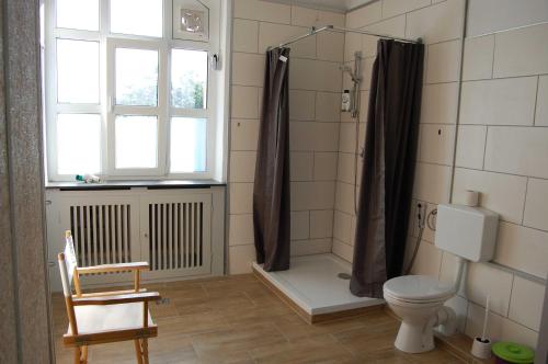 ein Bad mit einer Dusche, einem WC und einem Fenster in der Unterkunft Oberzent-Hostelstyle nur für aktive Touristen in Beerfelden