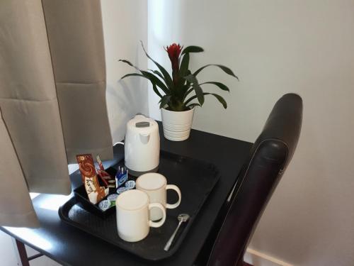 a black table with a tray with cups and a plant at Stansted Lodge Guest House in Elsenham