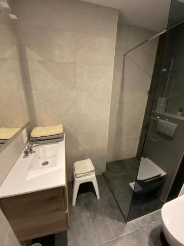 ein Bad mit einem Waschbecken, einer Dusche und einem Stuhl in der Unterkunft Apartment Bel-Air in Knokke-Heist